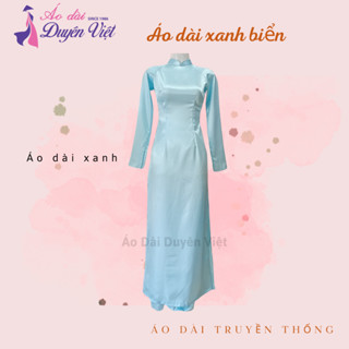 Áo dài phi bóng màu xanh. Áo dài lụa satin xanh biển nhạt.