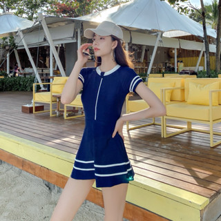 Molly bikini - Đồ bơi 1 mảnh tay ngắn, váy bơi, màu xanh navy phối trắng