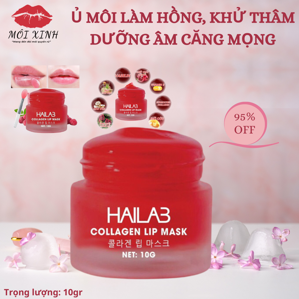 Son ủ môi lựu đỏ collagen Hàn Quốc HaiLaB giảm thâm, hồng môi dưỡng ẩm căng mọng 10gr (full hộp, full tem chính hãng)