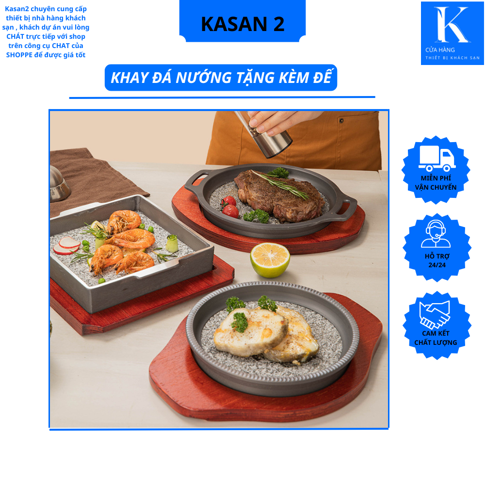 Khay đá nướng,Tự Nhiên, Kèm Đế Gỗ, Dẫn Nhiệt Nhanh, Không Khói, Chống Cháy Đen.