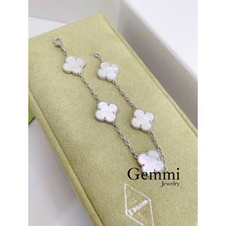 [Hàng siêu cấp - Bạc] Set Trang Sức Hình Bông Hoa cỏ 4 lá cánh màu trắng xà cừ mix kim CZ