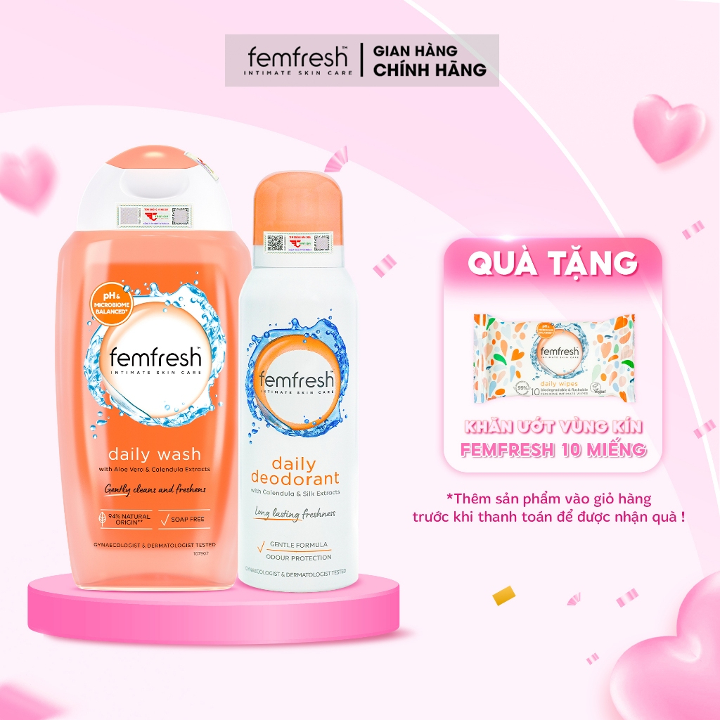 Combo Tươi Mát Ngày Dài Cho Vùng Kín,DDVS Femfresh Daily Intimate Wash & Xịt Thơm Mát Femfresh Deodorant Active