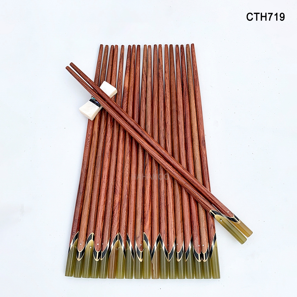 Đũa gỗ Cẩm đầu cẩn thạch chéo một màu (10 đôi/Hộp) Tặng kèm hộp đẹp làm quà biếu - CTH719