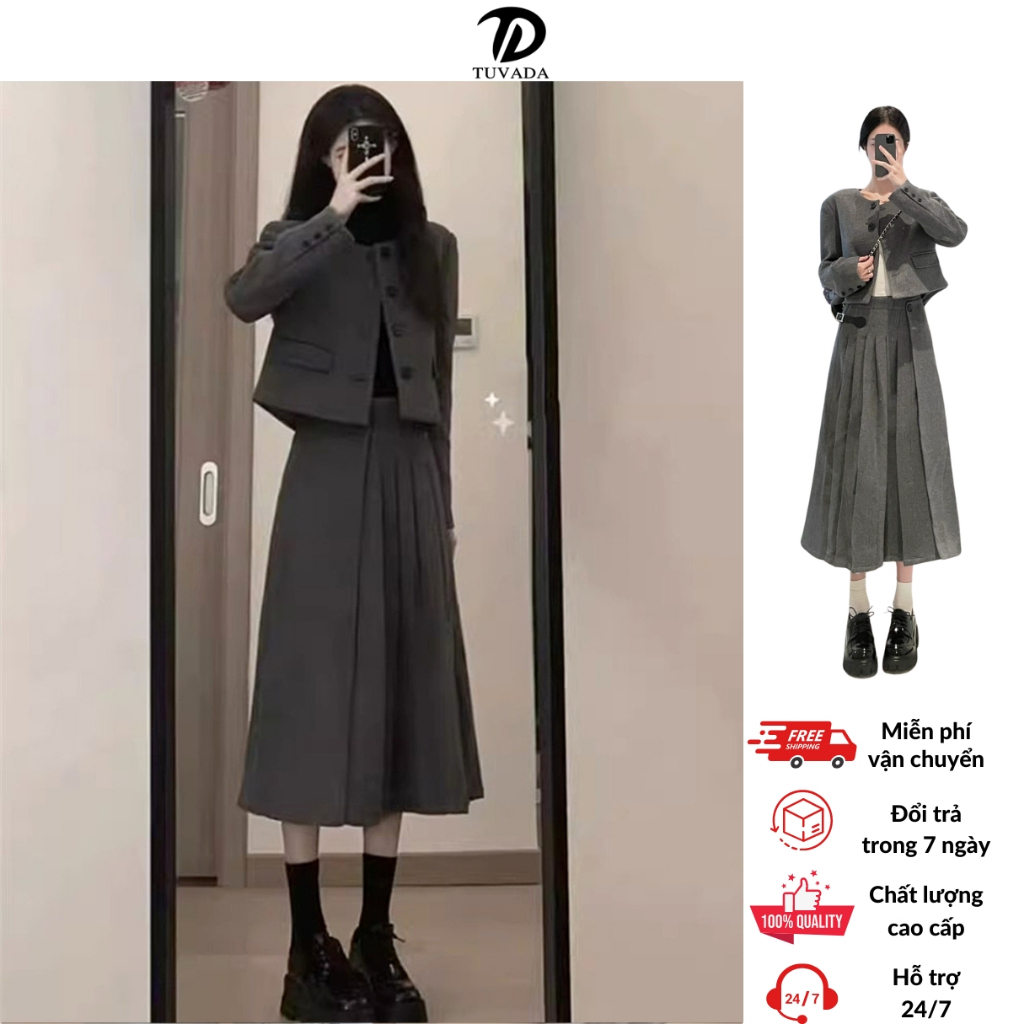 Áo khoác dạ kèm chân váy dài dạ dáng xòe Tuvada [hàng 2 lớp cao cấp], set dạ nữ basic - VDD135 | BigBuy360 - bigbuy360.vn