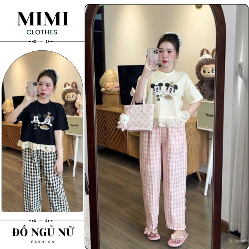 Đồ bộ nữ đồ mặc nhà áo phông cộc mickey mix quần suông kẻ siêu xinh MIMI CLOTHES hcom3077