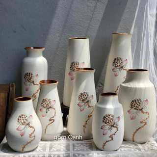 bình hoa vẽ hoa sen men trắng ngà nhẹ nhàng, cắm hoa, cắm cành siêu dễ thương gốm Bát Tràng cao cấp loại 1