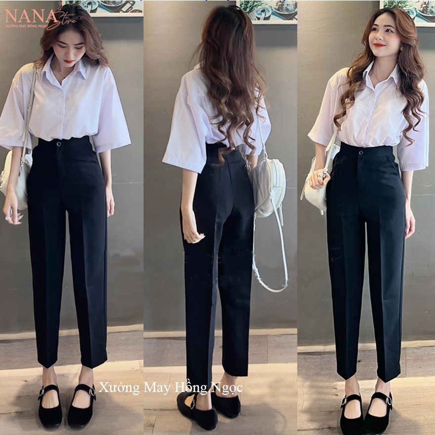 Quần tây đi học nữ lưng cao ống đứng dáng dài màu Xanh Đen - Quần vải đen đi học cạp cao co giãn nhẹ