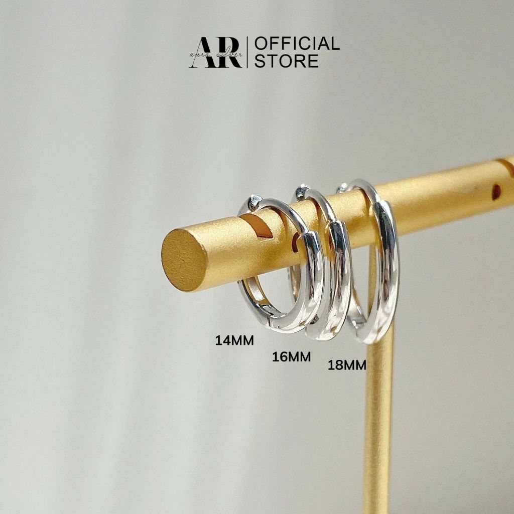 Khuyên tai bạc 925 tròn nam nữ , bông tai tròn chốt bấm Hoop size 14-16-18mm-AURA SILVER-KT05