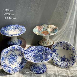 mâm bồng men lam vẽ tay thủ công gốm Bát Tràng cao cấp loại 1