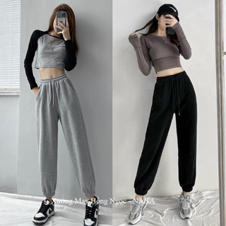 Quần jogger nữ bo gấu ống rộng chất vải da cá dày co giãn - Quần nỉ nữ ống suông dài cạp chun tập thể dục gym ở nhà ấm