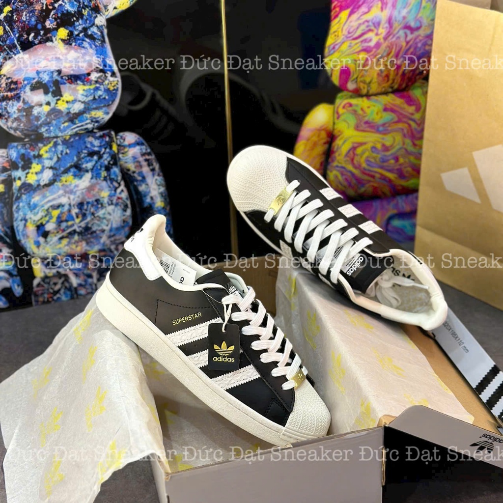 Giày Thể Thao Adidas_Superstar Black Gold Tripes White Pattern , Giày Sò Trắng Đen Da