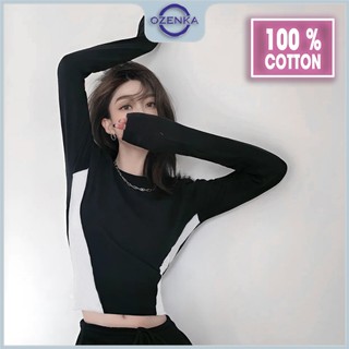  Áo baby tee croptop tay dài cổ tròn phối eo cotton ôm body nữ ozenka  áo crt thu đông basic đẹp sang chảnh 