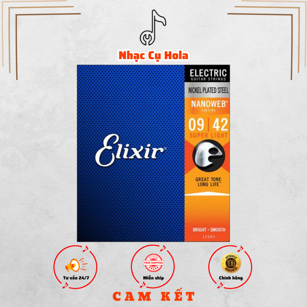 Dây đàn Guitar điện Elixir 12002 Nanoweb Electric Guitar Strings, Super Light, 9-42