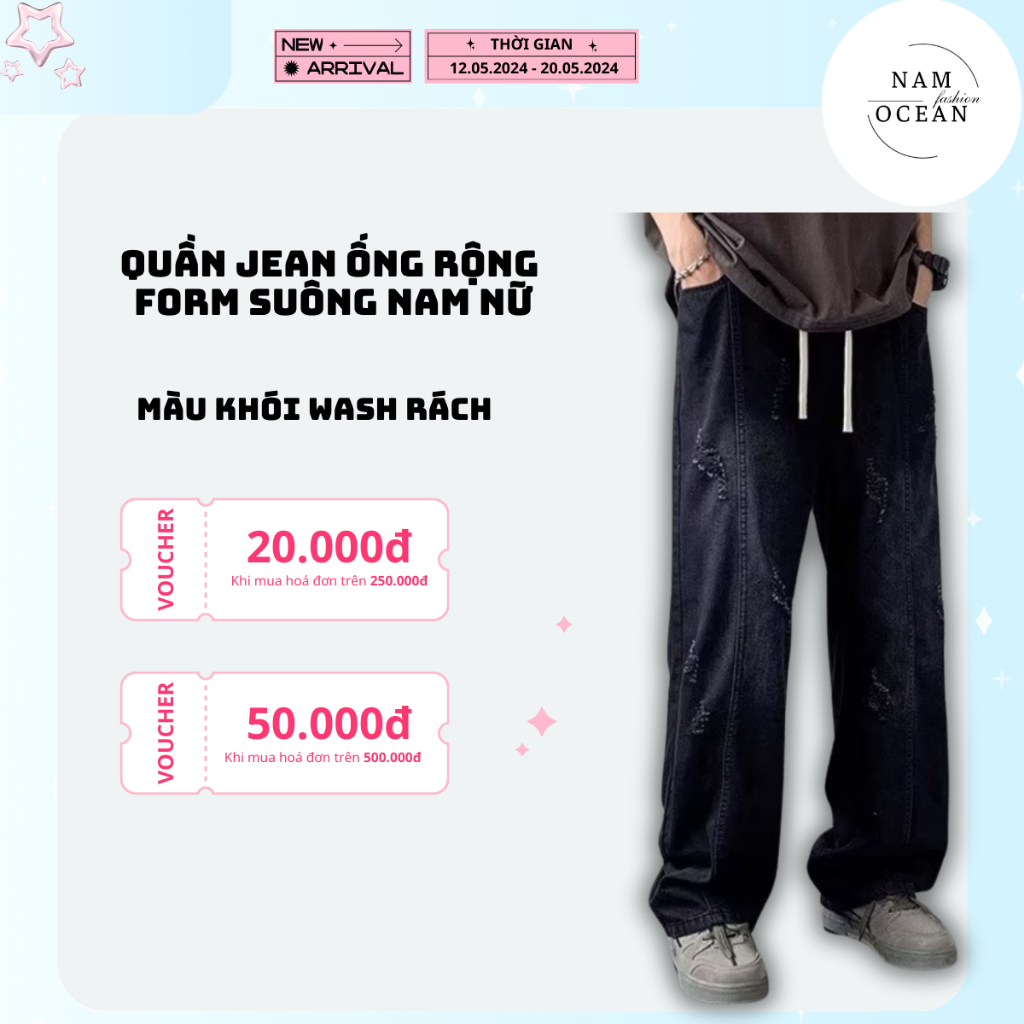 Quần Jean Ống Rộng Cạp Chun Form Suông Nam Nữ Màu Khói Wash Rách Chất vải dày dặn mềm mịn với da M09