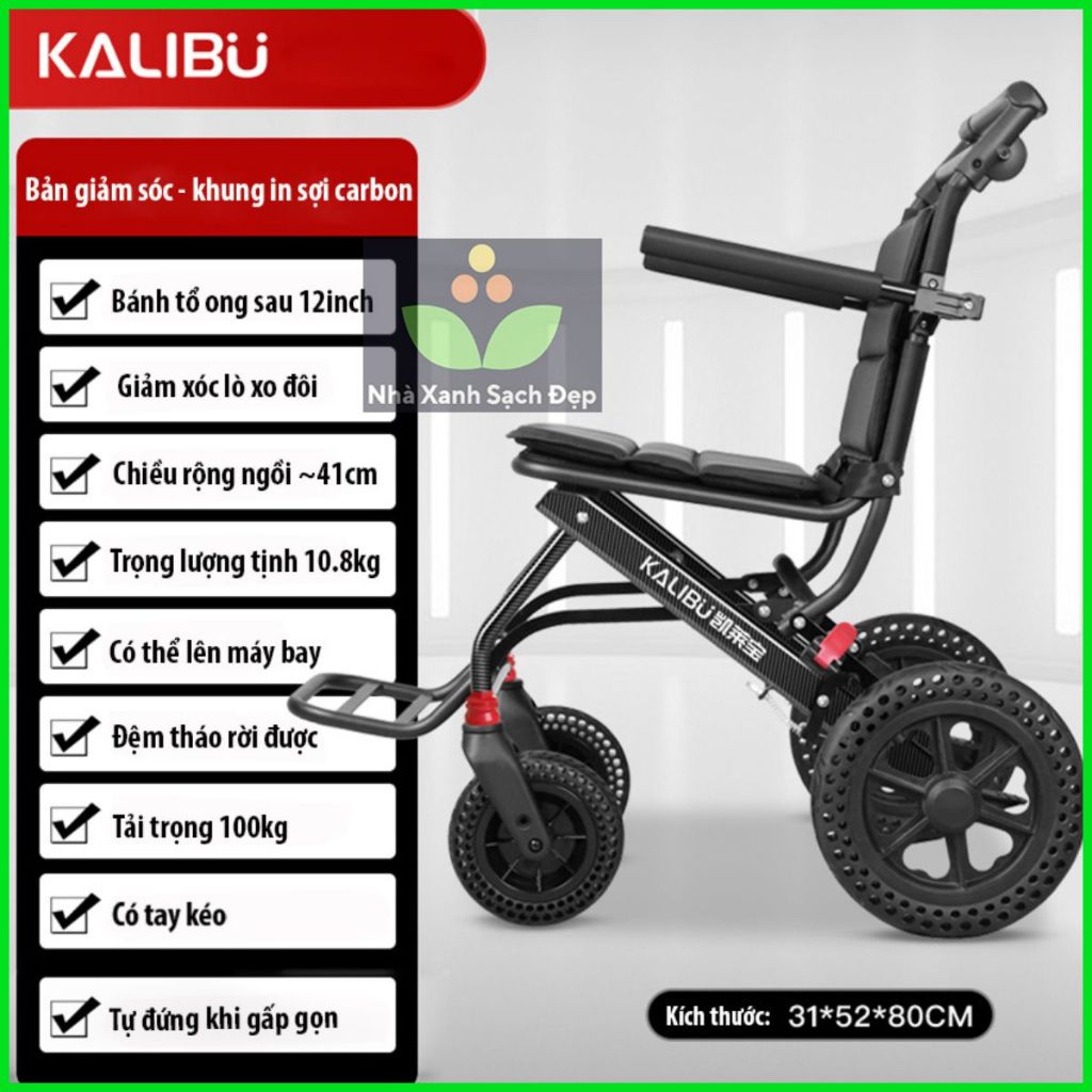 Xe đẩy người già gấp gọn - Xe lăn gấp gọn Kalibu chỗ ngồi lớn , siêu nhẹ tải trọng 120kg _ Xe lăn xế