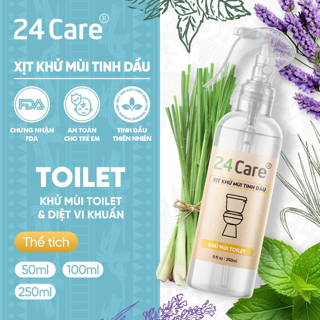 Xịt khử mùi Toilet Tinh dầu 24care - Xịt khử mùi thiên nhiên dung tích 50ml/ 100ml/ 250ml