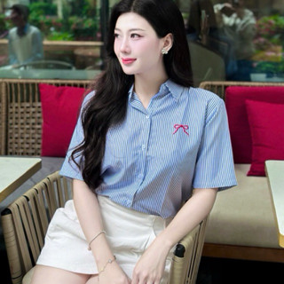 Áo sơ mi sọc nhí nữ (538) bigsize 45-90kg thêu nơ vạt bầu trẻ trung chất liệu đũi sọc nhí