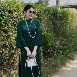 Áo dài cách tân lụa gấm dáng suông  trơn cổ cao tay lỡ - Áo cách gấm suông xanh rêu cổ cao - MÃ A