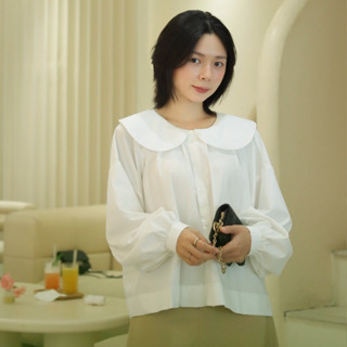 Áo sơ mi cổ sen, tay bồng, thô pha mềm nhẹ WHITE LOTUS (+15% phí sàn) (T-Ju thiết kế)