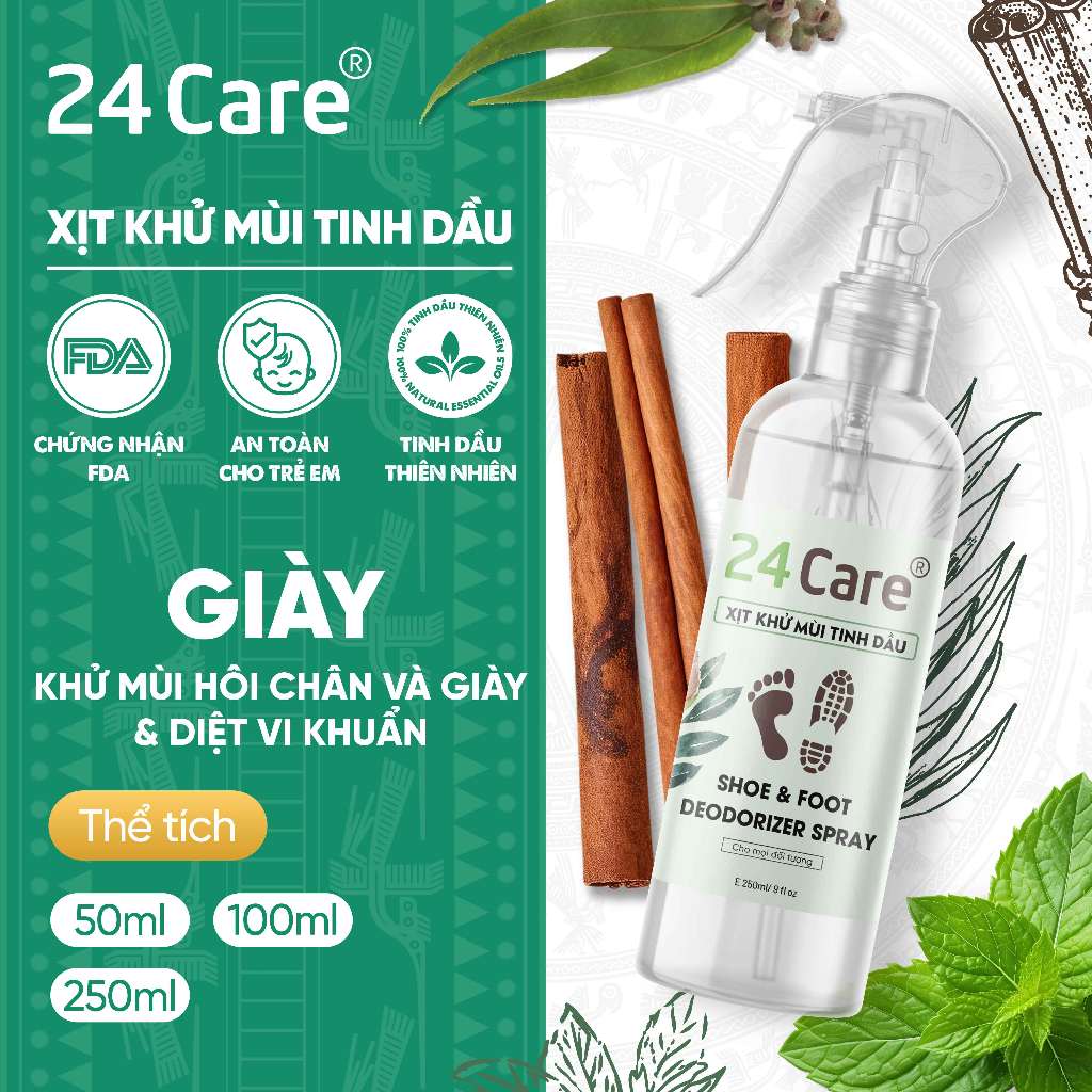 Xịt khử mùi giày và chân 24Care 50ml/100ml/250ml -lưu hương, sạch khuẩn chiết xuất tinh dầu thảo mộc