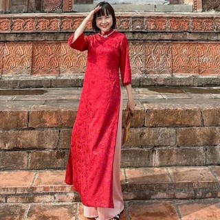Áo dài cách tân lụa gấm dáng suông  trơn cổ cao tay lỡ - Áo cách gấm suông đỏ cổ cao - MÃ A
