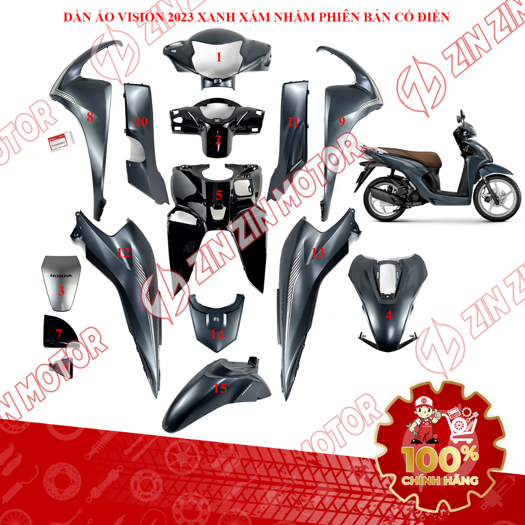 Dàn Áo Vision 2023 2024 Xanh Đen Bạc ( Xanh Xám Nhám) Phiên Bản Cổ Điển Chính Hãng - ZZM