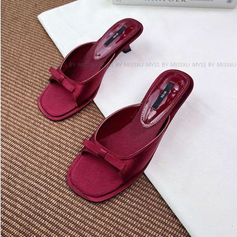 Giày guốc nữ Myss mũi tròn quai ngang phối nơ gót nhí 3cm cao cấp - SU217