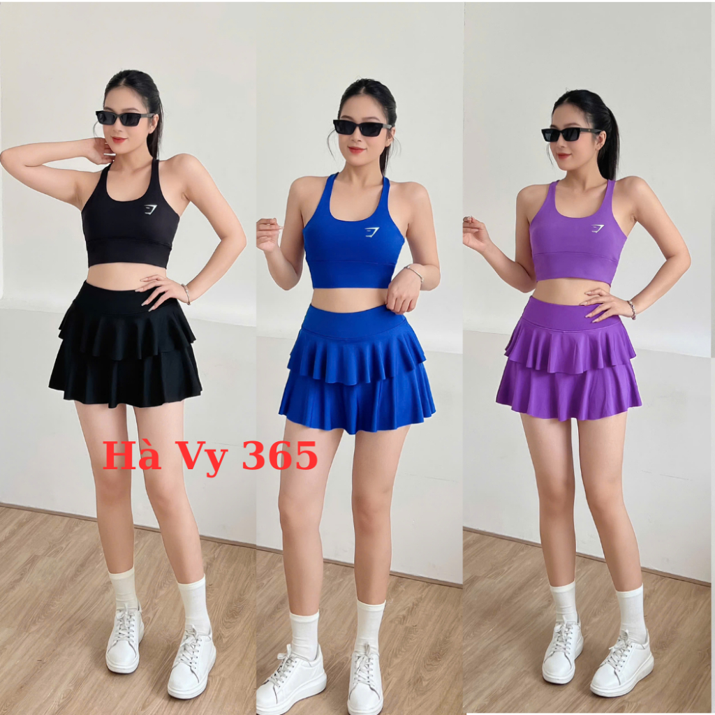 Bộ Đồ Tập Gym Yoga Erobic Thể Thao Đi Biển Nữ Áo Bra Dây Đan Lưng Váy 2 Tầng Chất Pholy Co Giãn 4 Chiều Kèm Mút