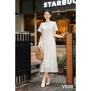 Đầm Suông Nữ Váy trắng dài phối cổ bèo phù hợp đi chơi dạo phố ANN SARA V557-V558 nhẹ nhàng