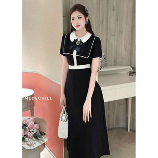 Đầm nữ dáng dài tiểu thư phối cổ sen đính hoa chiết eo tôn dáng phù hợp công sở, dự tiệc Medechill