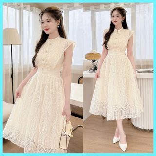Đầm ren dự tiệc đính đá sang trọng - XU XU SHOP - Váy nữ sát nách đi ăn cưới màu kem tôn da - ẢNH THẬT