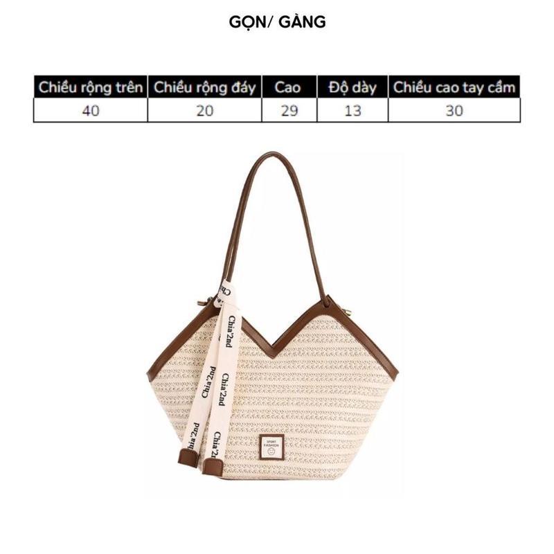 Túi cói đeo vai phối dây da vintage có cúc bấm đựng đồ đi làm đi du lịch mẫu mới Gọn Gàng đi biển đi