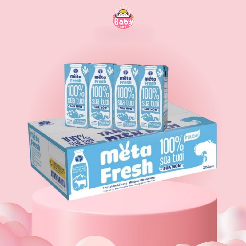 Thùng 12 lốc Sữa tươi ít đường bổ sung sữa non Meta Fresh 180ml