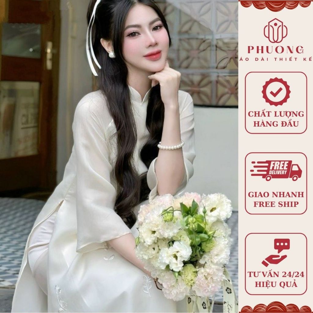 Áo Dài Cách Tân Nữ Lụa Tơ Crep Thêu Hoa Nổi Cao Cấp Phương May Sẵn Dáng Suông 4 Tà Nổi Bật - ADCT17