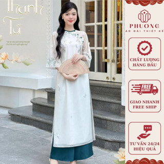 Áo Dài Cách Tân Nữ Lụa Tơ Cao Cấp (Mẫu Mới) Phương May Áo Suông, Cổ Tròn 4 Tà Phối Tay Tơ In Hoa
