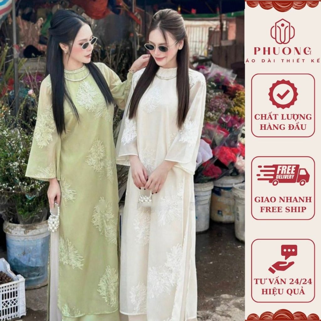 Áo Dài Cách Tân Tơ Thêu Hoa Quỳnh Cao Cấp Hà Phương May Sẵn Áo Dáng Suông Cổ Tròn Đính Nơ - ADCT7