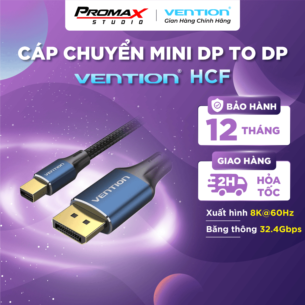 Cáp Chuyển Mini DisplayPort sang DisplayPort 8K VENTION HCF (8K@60Hz/4K@144Hz, HDR, 32.4Gbps Bandwid