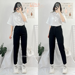 Quần tây nữ lưng cao đi học làm công sở ống đứng suông dài màu Đen Xanh dáng quần vải baggy cạp cao nữ công sở học sinh