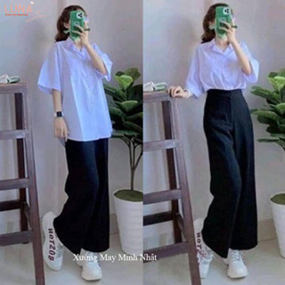  Quần tây ống rộng nữ đi học dài 100cm cạp lưng cao màu Đen khóa trước vải tuyết mưa dày mềm 