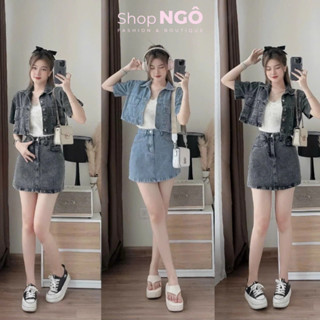  Set váy thời trang nữ set váy 2 món jeans quảng châu KÈM HÌNH THẬTáo khoác jeans tay ngắn kèm chân váy chữ a đi chơi 