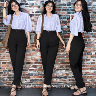 Quần tây đi học nữ lưng cao cạp có đai nịt dáng dài màu Đen Xanh - Quần vải baggy học sinh nữ cấp 3 2 đi học làm công sở