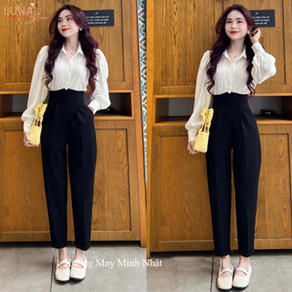  Quần tây nữ lưng cao khóa sau hông đi học làm công sở kiểu quần baggy nữ cạp bản to cao vải tuyết mưa dày co giãn nhẹ 