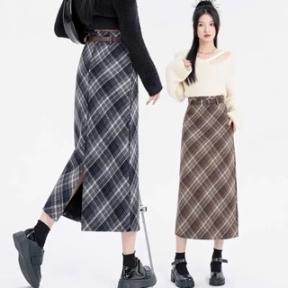  Chân váy công sở dáng A kẻ chất liệu vải dạ dáng dài thời trang thu đông 2024 