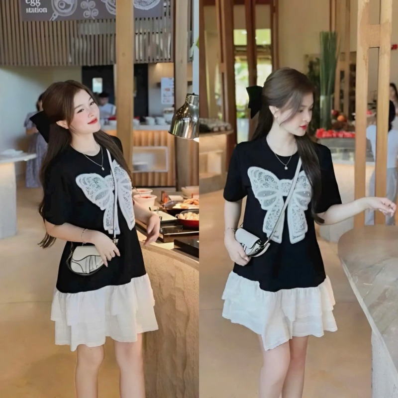 Đầm thời trang nữ đi chơi sang chảnh chất thun tăm lạnh thêu nơ phối ren tầng siêu xi