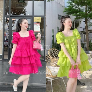 Đầm Kiểu Babydoll Cổ Vuông Tầng Nhúng Tay Phồng - LanLann