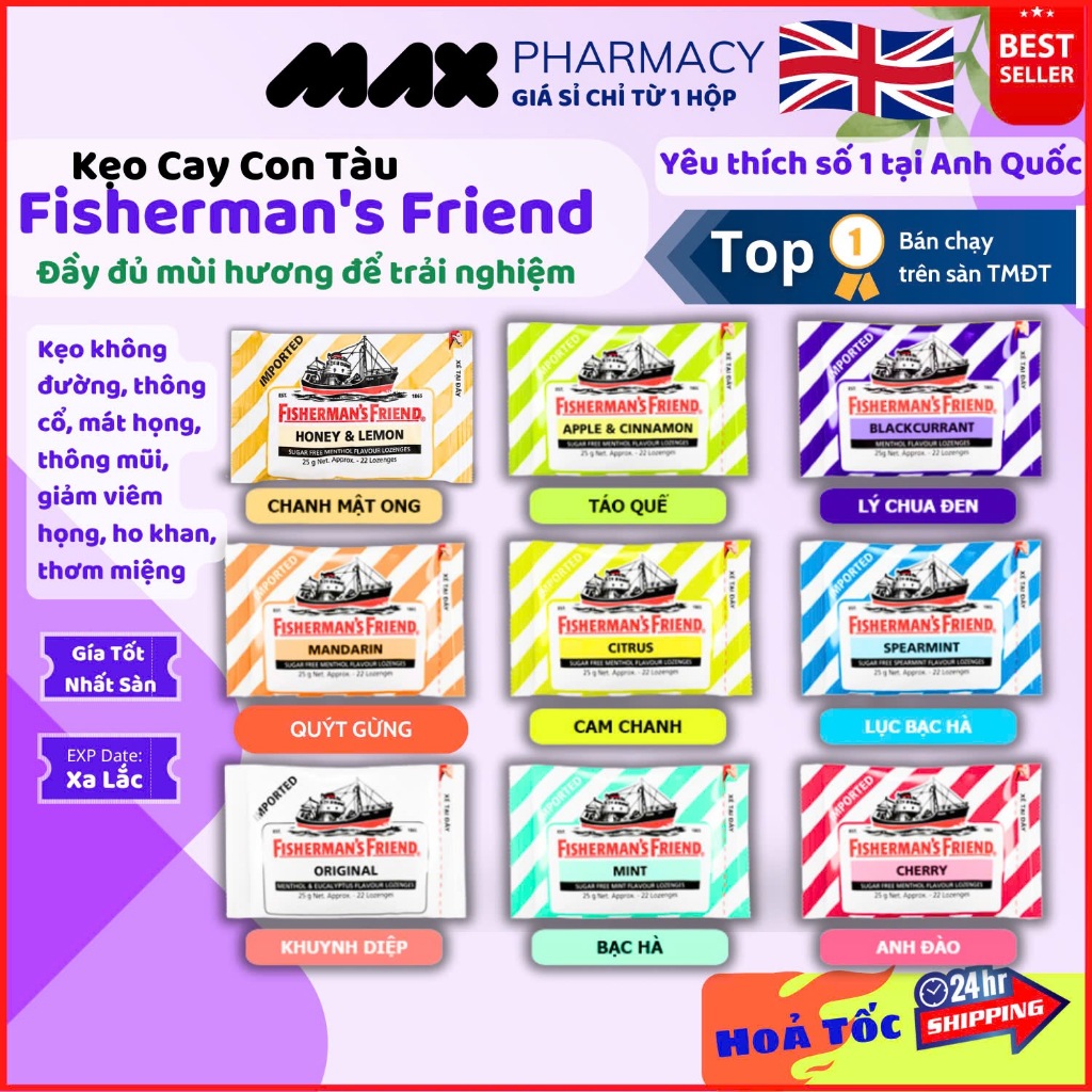  HỘP 24 GÓI Kẹo Cay Con Tàu Fisherman's Friend nhiều mùi vị - Maxpharmacy 