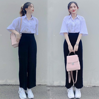  Quần ống rộng đi học khóa sườn lưng cao điệu dáng quần tây vải ống rộng nữ suông dài màu đen học sinh đi học làm công sở 