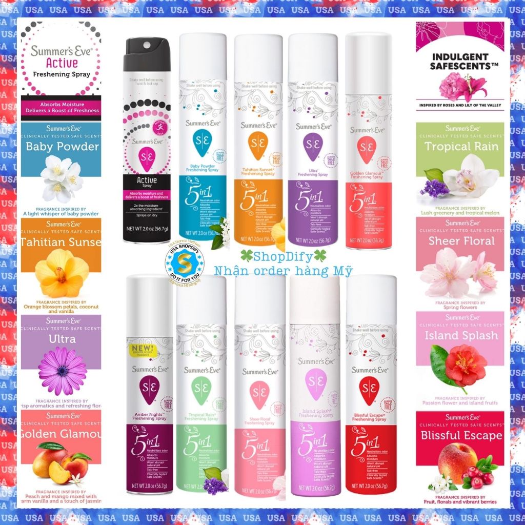 Xịt thơm khử mùi, Nước hoa vùng kín Summer’s Eve 56.7g Xịt phụ khoa của Mỹ thơm mát, quyến rũ