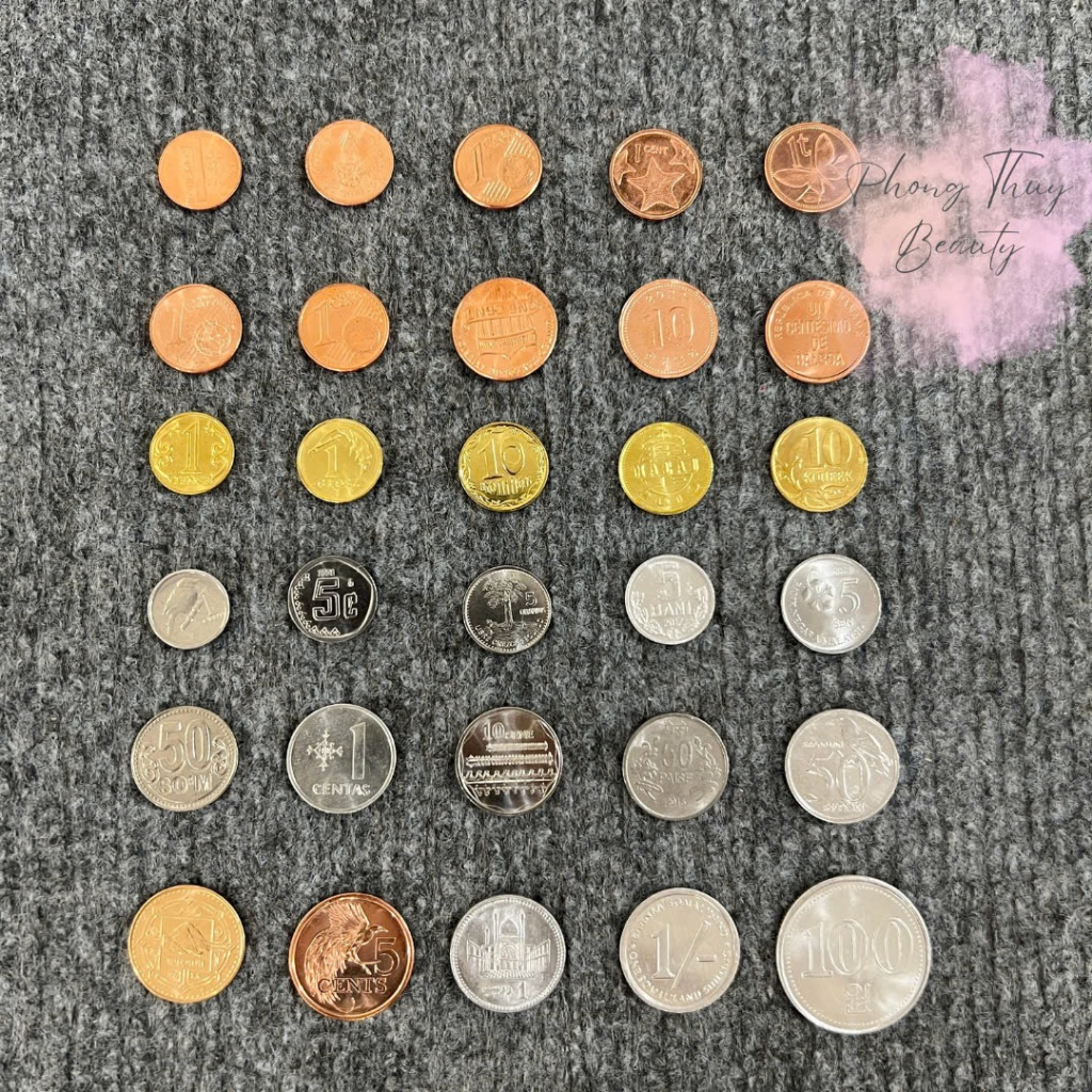[XU THẬT] Bộ 30 Đồng Tiền Xu Quốc Tế Khác Nhau Sưu Tầm Kèm Túi Gấm