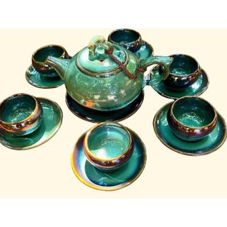  Bộ ấm chén uống trà Men Hỏa Biến màu xanh hàng Bát Tràng tinh tế tặng kèm đĩa dung tích 400ml 